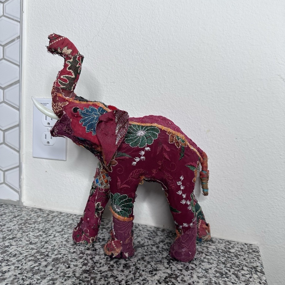 Vintage Folk Art Quilted Cloth Elephant Handmade Patchwork Figurine Sculpture